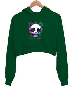 Panda Çimen Yeşili Kadın Crop Hoodie Kapüşonlu Sweatshirt