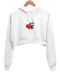 Panda Love Beyaz Kadın Crop Hoodie Kapüşonlu Sweatshirt