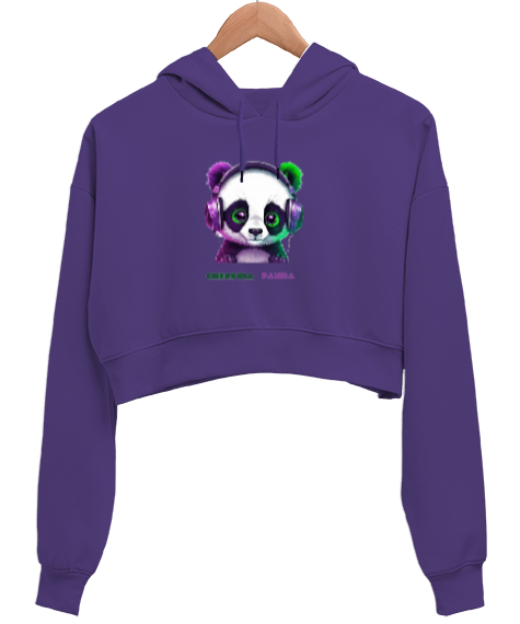 Tisho - Panda Mor Kadın Crop Hoodie Kapüşonlu Sweatshirt