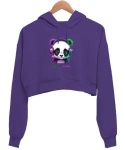 Panda Mor Kadın Crop Hoodie Kapüşonlu Sweatshirt