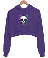 Panda Mor Kadın Crop Hoodie Kapüşonlu Sweatshirt - Thumbnail