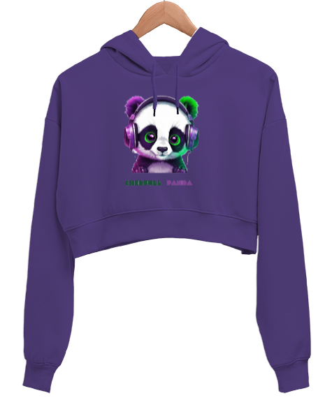 Panda Mor Kadın Crop Hoodie Kapüşonlu Sweatshirt - Tisho