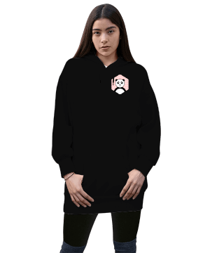 panda tasarımlı Kadın Uzun Hoodie Kapüşonlu Sweatshirt