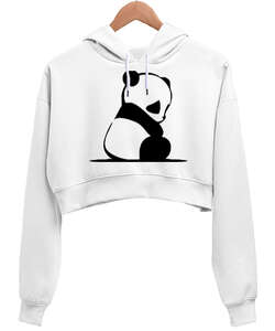 Pandacık Beyaz Kadın Crop Hoodie Kapüşonlu Sweatshirt