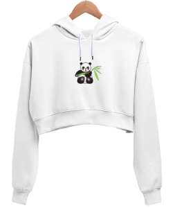 Pandalı Beyaz Kadın Crop Hoodie Kapüşonlu Sweatshirt