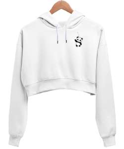 Pandalı Beyaz Kadın Crop Hoodie Kapüşonlu Sweatshirt