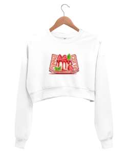 Panna cotta baskılı Beyaz Kadın Crop Sweatshirt