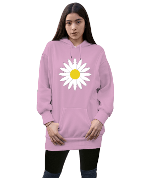 Papatya Çiçeği Tasarımı Kadın Uzun Hoodie Kapüşonlu Sweatshirt