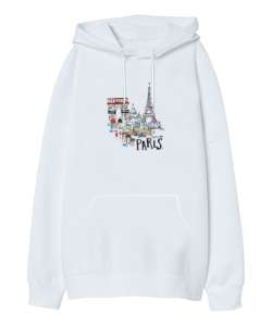 PARİS Beyaz Oversize Unisex Kapüşonlu Sweatshirt