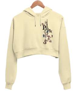 PARİS Krem Kadın Crop Hoodie Kapüşonlu Sweatshirt