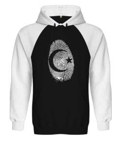 Parmak İzi - Ay Yıldız Siyah/Beyaz Orjinal Reglan Hoodie Unisex Sweatshirt