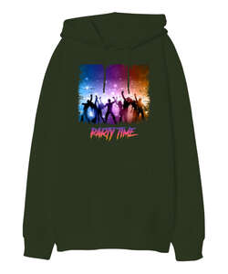 Party Time Haki Yeşili Oversize Unisex Kapüşonlu Sweatshirt