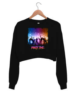 Party Time Siyah Kadın Crop Sweatshirt