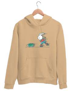 Patenli Tavşan ve Kaplumbağa Yarışı Camel Unisex Kapşonlu Sweatshirt