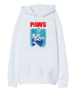 Paws - Kedi Beyaz Oversize Unisex Kapüşonlu Sweatshirt