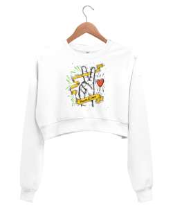 Peace And Love - Sevgi ve Barış Beyaz Kadın Crop Sweatshirt