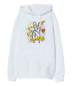 Peace And Love - Sevgi ve Barış Beyaz Oversize Unisex Kapüşonlu Sweatshirt