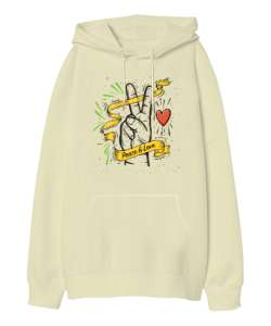 Peace And Love - Sevgi ve Barış Krem Oversize Unisex Kapüşonlu Sweatshirt