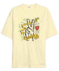 Peace And Love - Sevgi ve Barış Krem Oversize Unisex Tişört