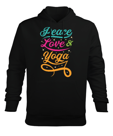 Peace Love Yoga Baskılı Siyah Erkek Kapüşonlu Hoodie Sweatshirt