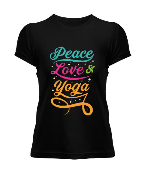Peace Love Yoga Baskılı Siyah Kadın Tişört