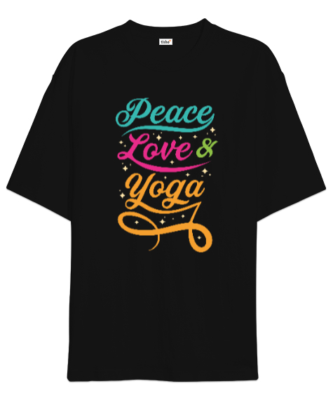 Peace Love Yoga Baskılı Siyah Oversize Unisex Tişört