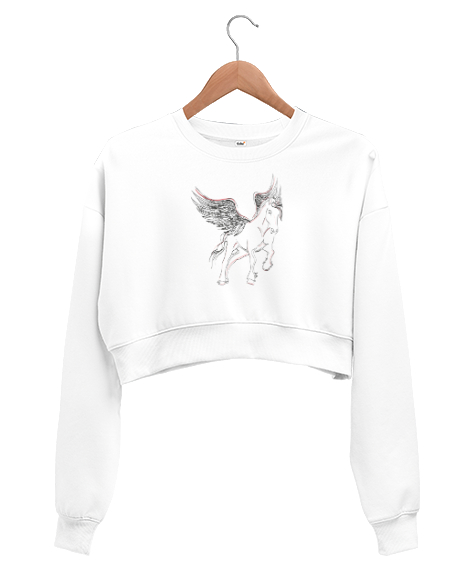 Tisho - Pegasus - Kanatlı At - Çizim Beyaz Kadın Crop Sweatshirt