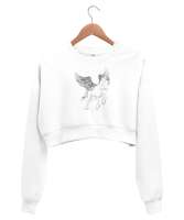 Pegasus - Kanatlı At - Çizim Beyaz Kadın Crop Sweatshirt - Thumbnail