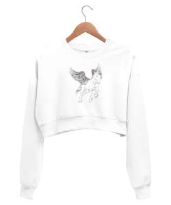 Pegasus - Kanatlı At - Çizim Beyaz Kadın Crop Sweatshirt