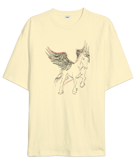 Tisho - Pegasus - Kanatlı At - Çizim Krem Oversize Unisex Tişört