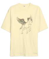 Pegasus - Kanatlı At - Çizim Krem Oversize Unisex Tişört - Thumbnail