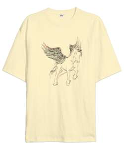 Pegasus - Kanatlı At - Çizim Krem Oversize Unisex Tişört