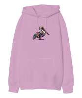 pelikan Pembe Oversize Unisex Kapüşonlu Sweatshirt - Thumbnail