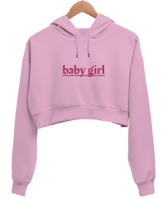 Pembe baby girl yazılı Pembe Kadın Crop Hoodie Kapüşonlu Sweatshirt