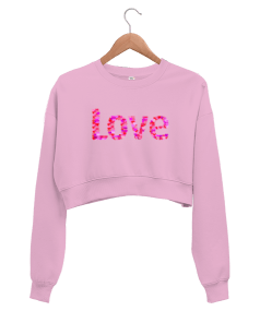 pembe crop love yazısı baskılı sweatshirt Kadın Crop Sweatshirt