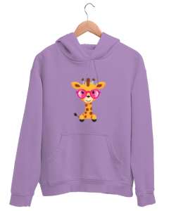 Pembe Gözlüklü Zürafa Lila Unisex Kapşonlu Sweatshirt