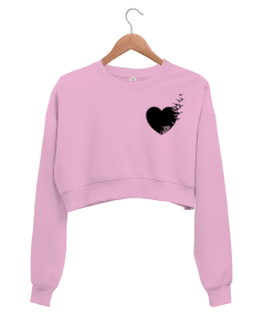 Pembe kalp baskili kadin crop sweatshirt Kadın Crop Sweatshirt