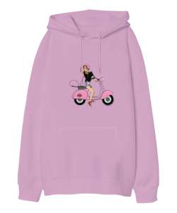 Pembe motorlu kız baskılı Pembe Oversize Unisex Kapüşonlu Sweatshirt