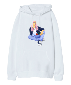 Pembe sacli kiz Oversize Unisex Kapüşonlu Sweatshirt