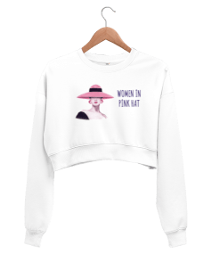 PEMBE ŞAPKALI KADIN BEYAZ SWEAT Kadın Crop Sweatshirt