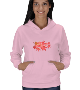 Pembe yaprak desenli sweatshirt Kadın Kapşonlu