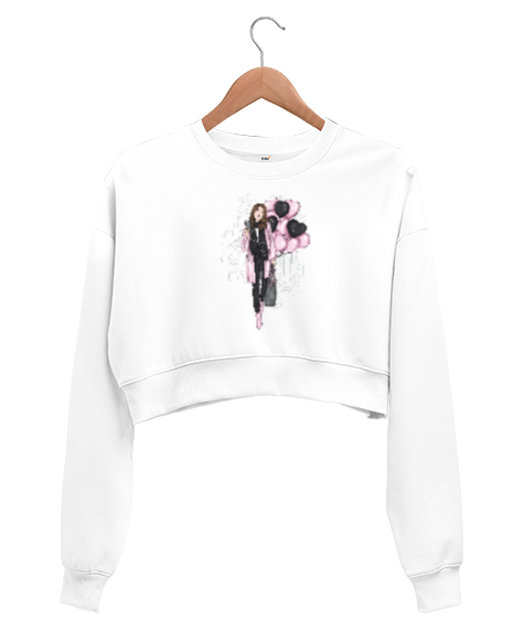 Tisho - Pembeli Cool Balonlu Beyaz Kadın Crop Sweatshirt