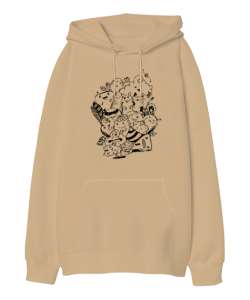 Pen Characters - Çizim Karakterler Camel Oversize Unisex Kapüşonlu Sweatshirt