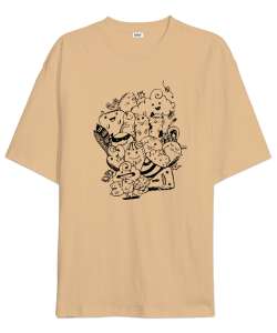 Pen Characters - Çizim Karakterler Camel Oversize Unisex Tişört