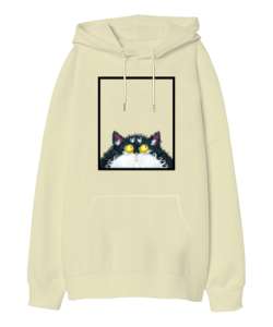 Pencereden Bakan Kedi Krem Oversize Unisex Kapüşonlu Sweatshirt