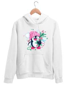 Penguen Beyaz Unisex Kapşonlu Sweatshirt