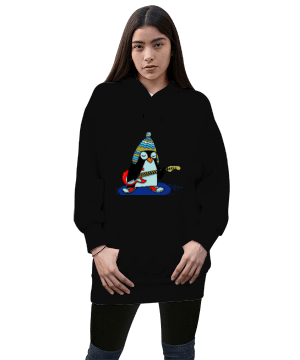 Penguen Kadın Uzun Hoodie Kapüşonlu Sweatshirt