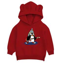 Penguen Kırmızı Unisex Çocuk Ayı Hoodie Kapşonlu