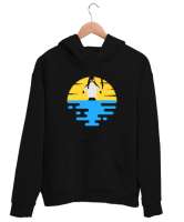 Penguen - Pinguin - Güneş ve Deniz Siyah Unisex Kapşonlu Sweatshirt - Thumbnail