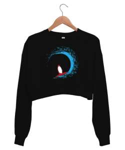 Penguen Siyah Kadın Crop Sweatshirt